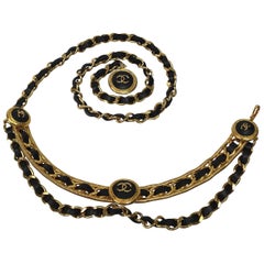 Chanel Vintage Black Leather / Gold Chain "CC" Clover Belt