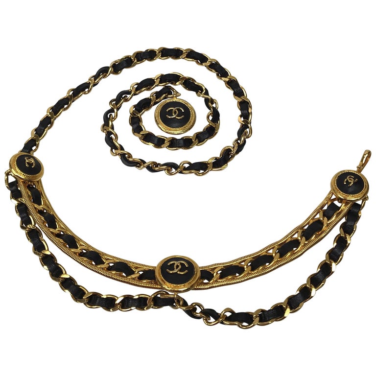 Chanel Vintage Black Leather/ Gold Chain CC Clover Belt at