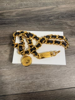 CHANEL Vintage Black Leather Gold Chain Link CC Coin "CHANEL" ID Tag Belt