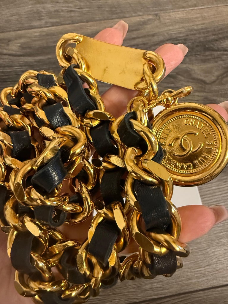 The Limited Black Leather Gold Chain Belt Coin Charm 39.5” Designer Inspired The Coins Chain Belt main image 4