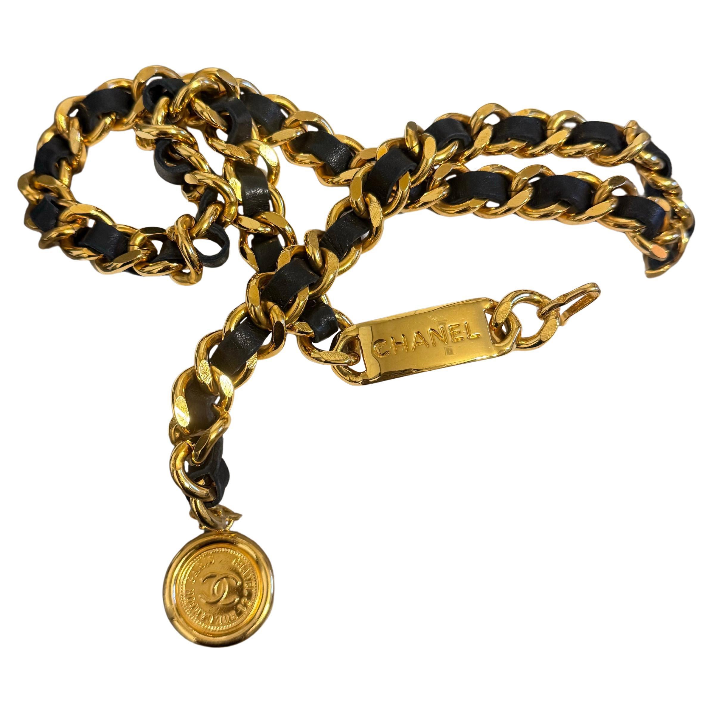 CHANEL Vintage Black Leather Gold Chain Link CC Coin Necklace/Belt For Sale