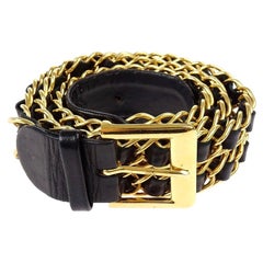Chanel Vintage Black Leather Gold Chain Link Evening Waist Belt in Box