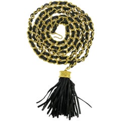 Chanel Vintage Black Leather Gold Chain Tassel Adjustable Waist Belt