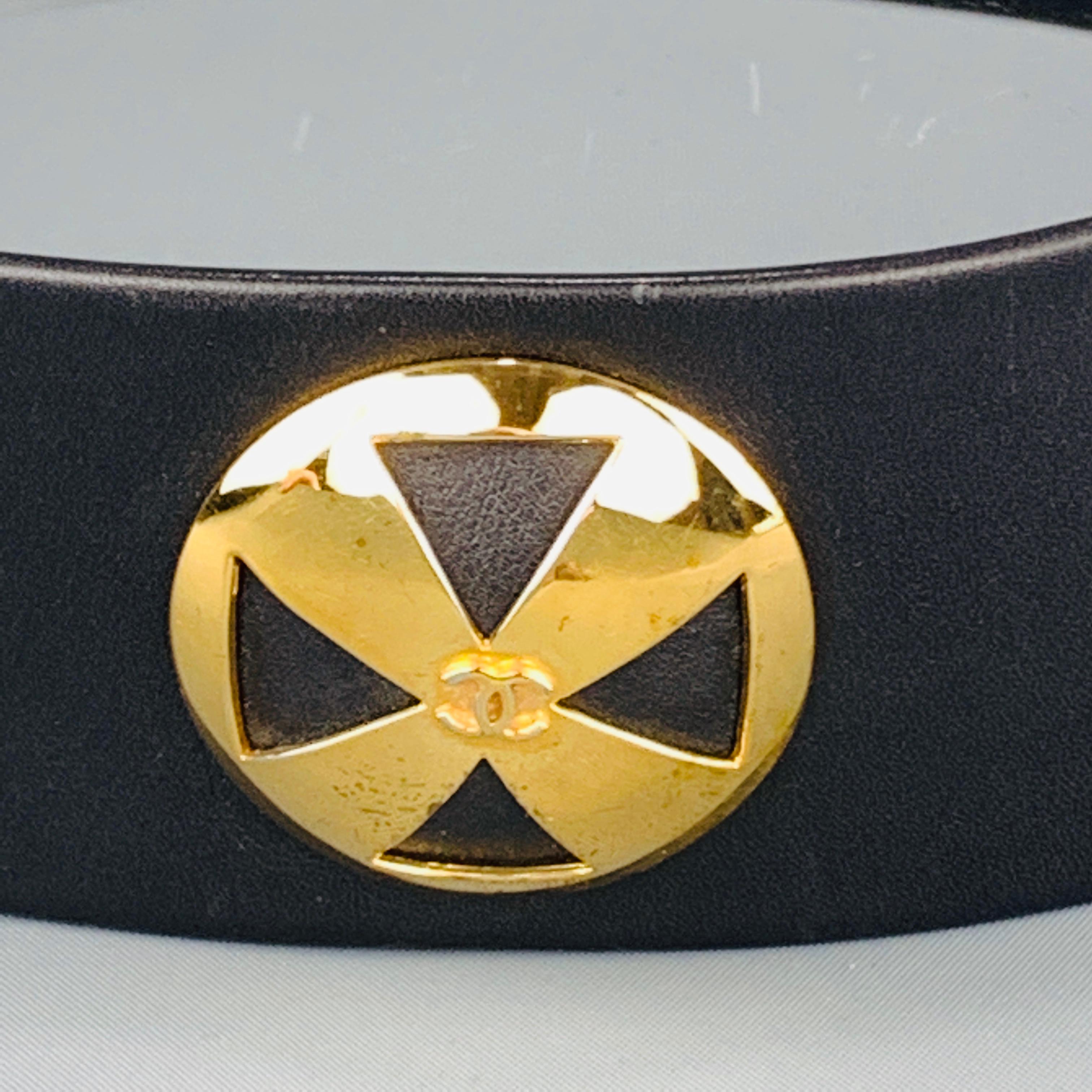 CHANEL Vintage Black Leather Gold Tone Woven Chain Buckle Ornament Belt 1993 1
