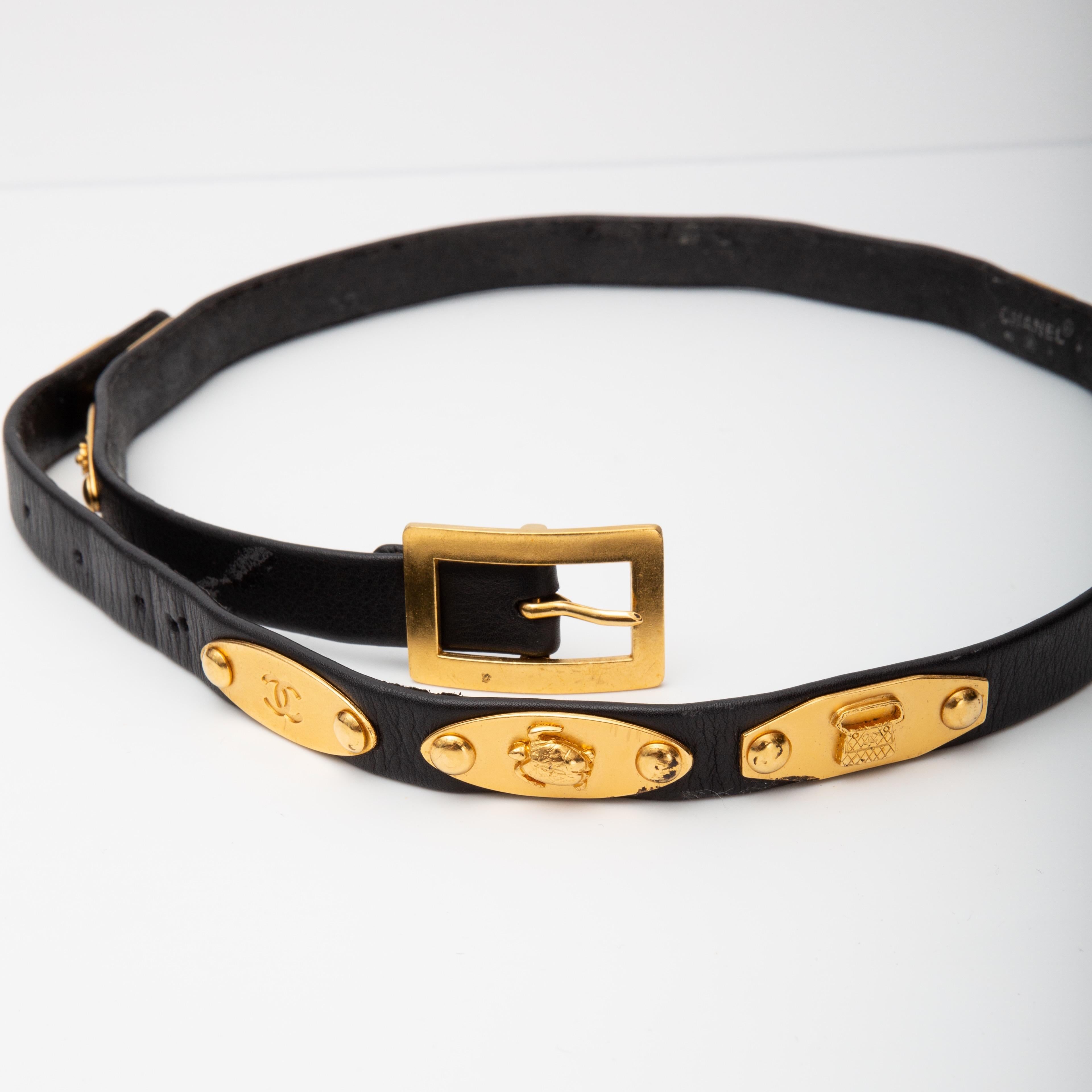 chanel black leather vintage icon 1995 buckle waist belt
