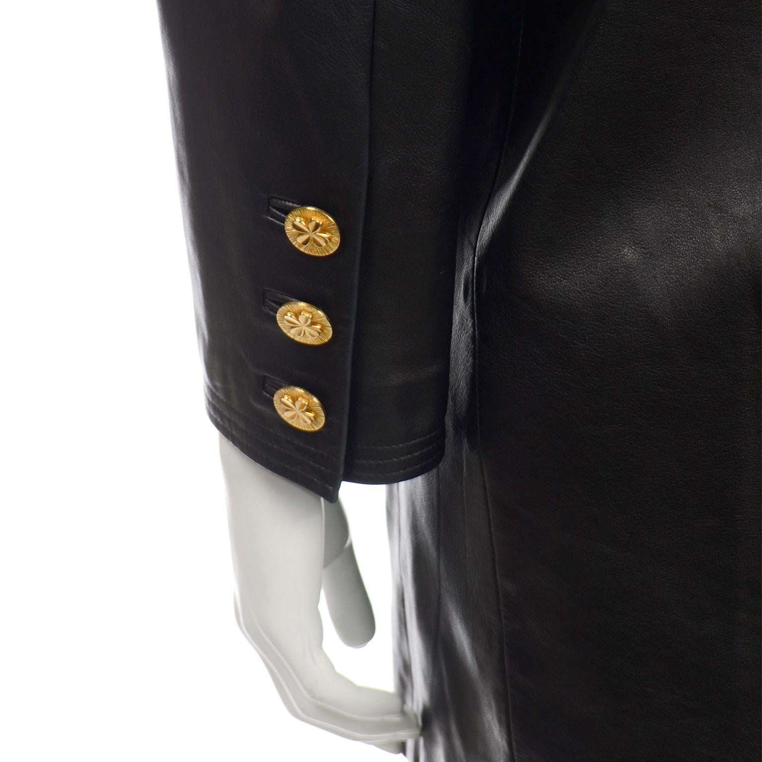Chanel Vintage Black Leather Jacket with 4 Leaf Clover Gold Buttons 3