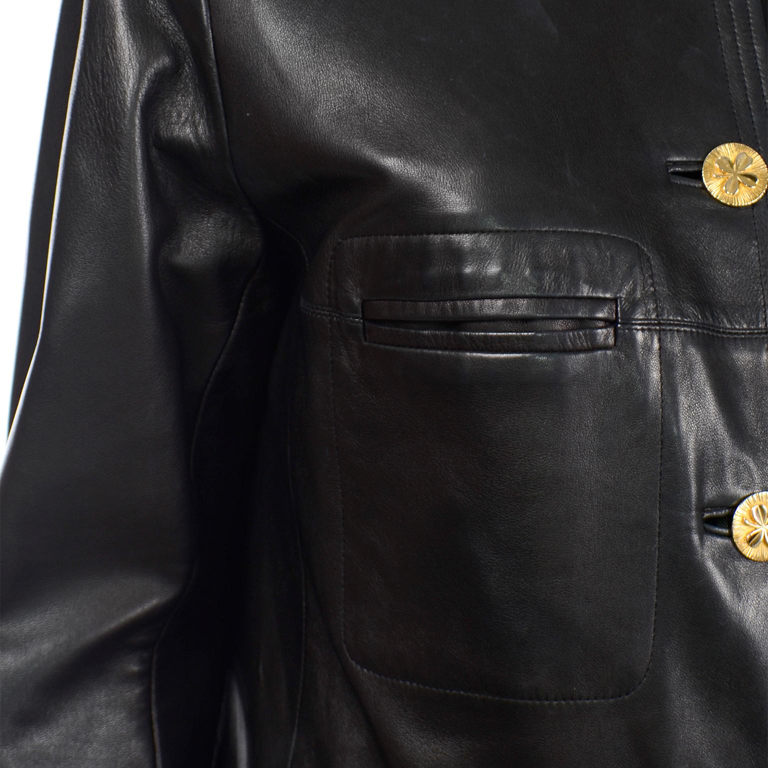Chanel Vintage Black Leather Jacket with 4 Leaf Clover Gold Buttons 4