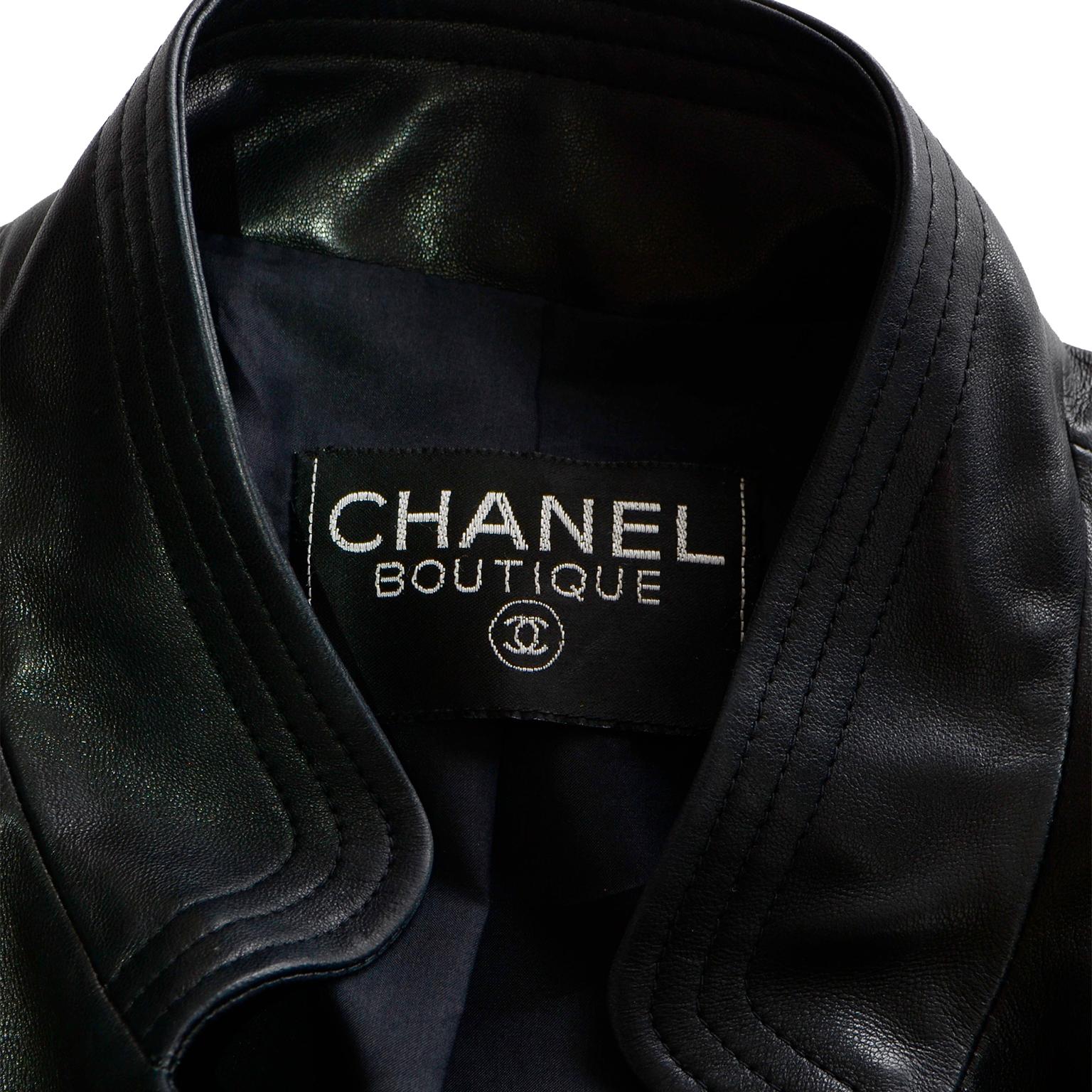 Chanel Vintage Black Leather Jacket with 4 Leaf Clover Gold Buttons 6
