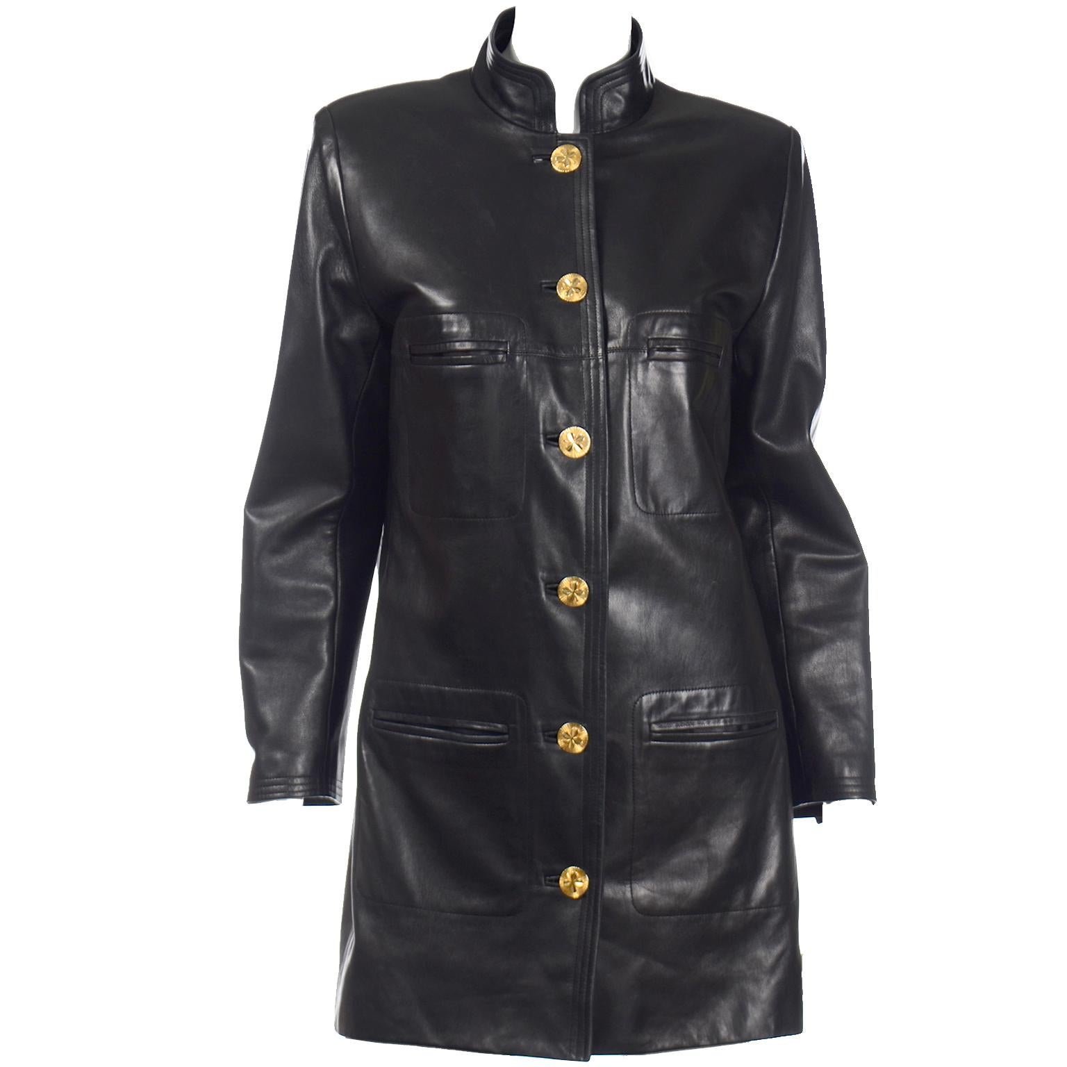 Chanel Vintage Black Leather Jacket with 4 Leaf Clover Gold Buttons 7