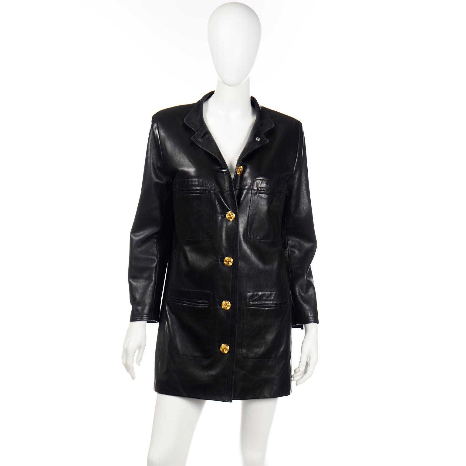 Chanel Vintage Black Leather Jacket with 4 Leaf Clover Gold Buttons In Excellent Condition In Portland, OR