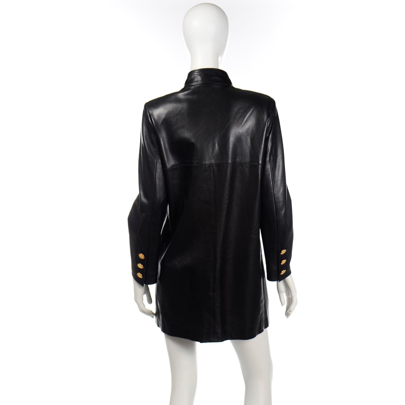 Women's Chanel Vintage Black Leather Jacket with 4 Leaf Clover Gold Buttons