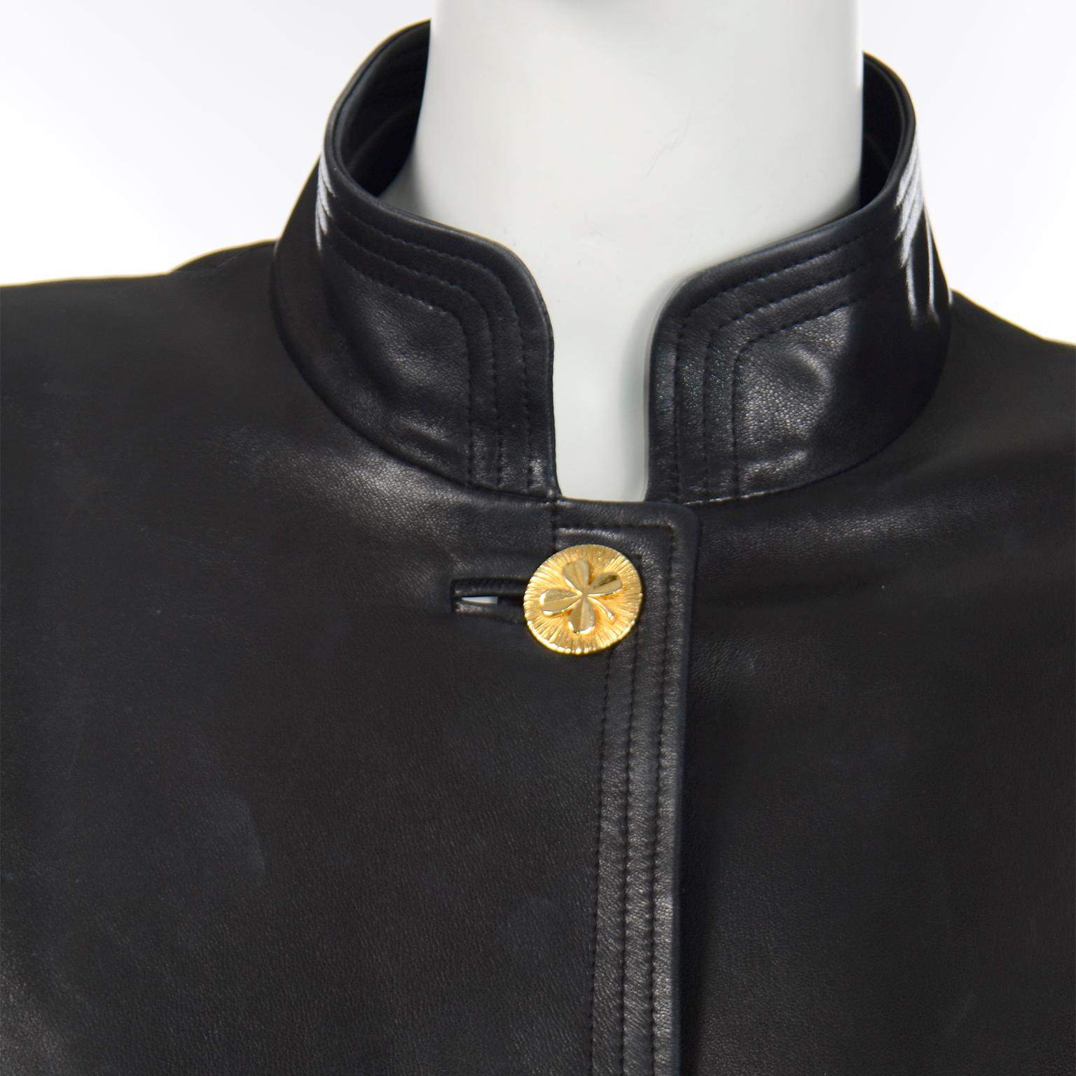 Chanel Vintage Black Leather Jacket with 4 Leaf Clover Gold Buttons 1