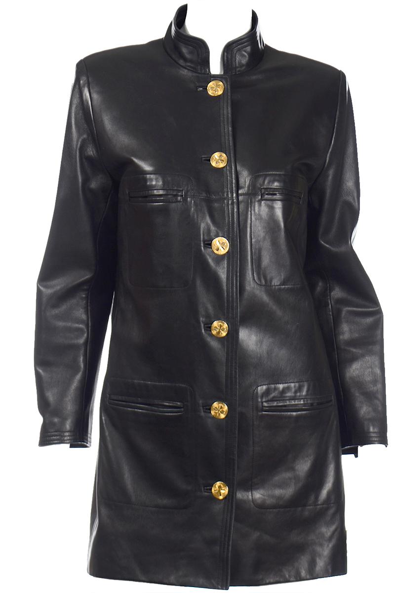 Chanel Vintage Black Leather Jacket with 4 Leaf Clover Gold Buttons 2