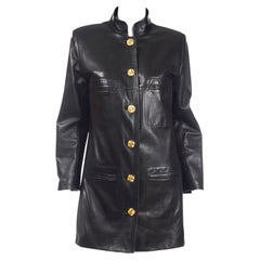 Chanel Vintage Black Leather Jacket with 4 Leaf Clover Gold Buttons