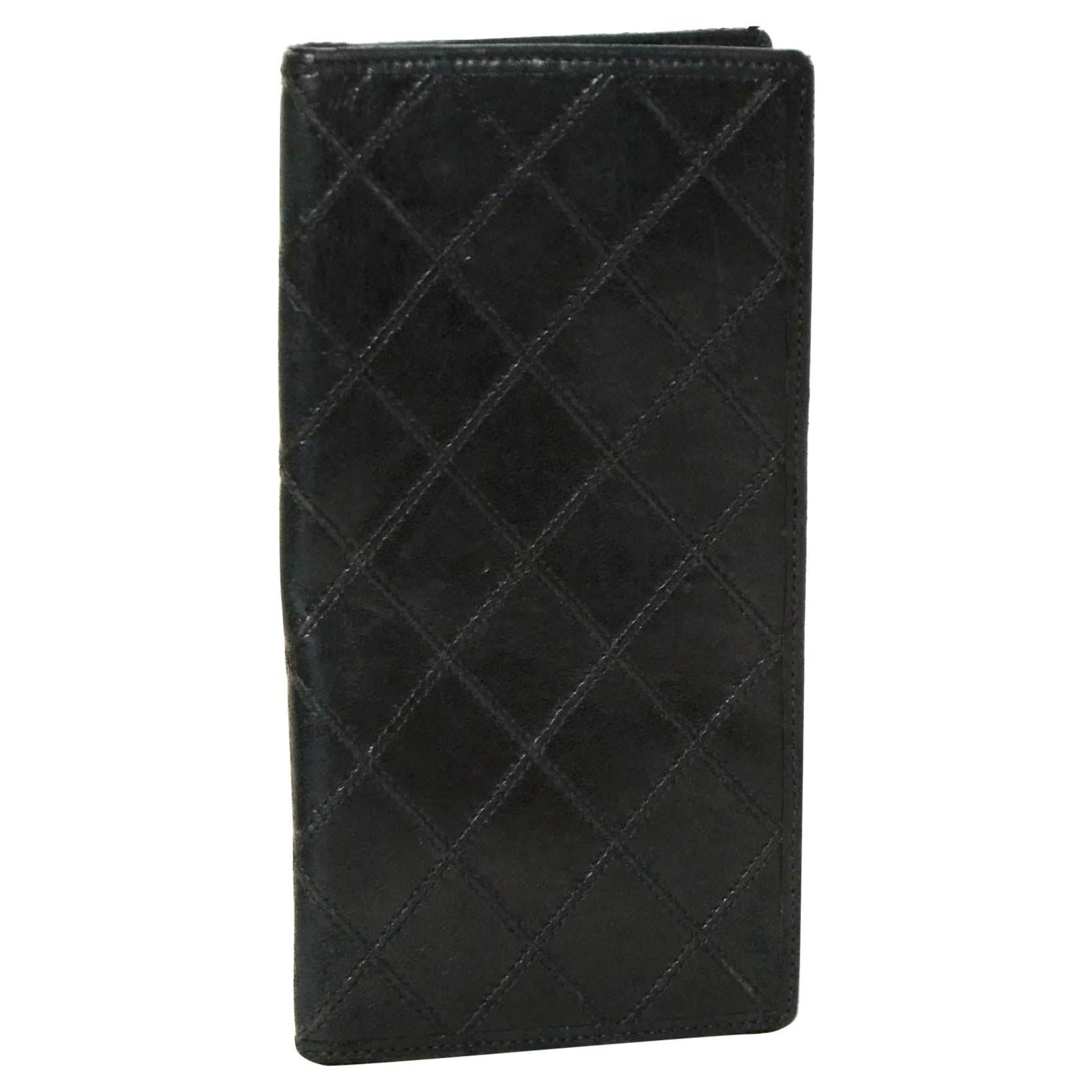 Chanel Vintage Black Leather Quilted Checkbook Cover/Wallet