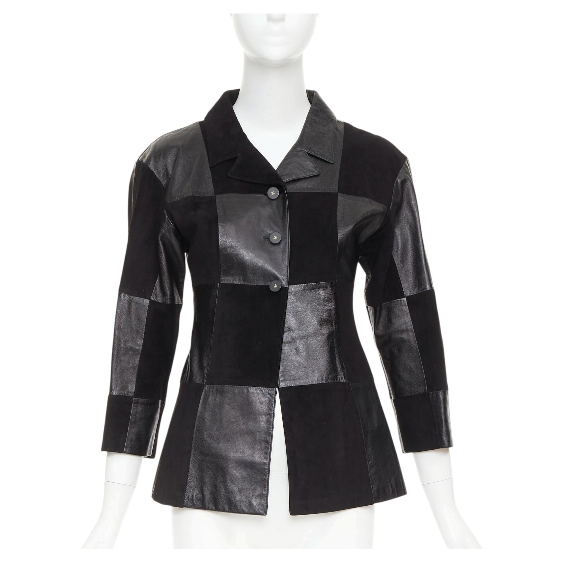 CHANEL Vintage black leather suede checkered patchwork CC blazer jacket