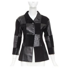CHANEL Vintage black leather suede checkered patchwork CC blazer jacket