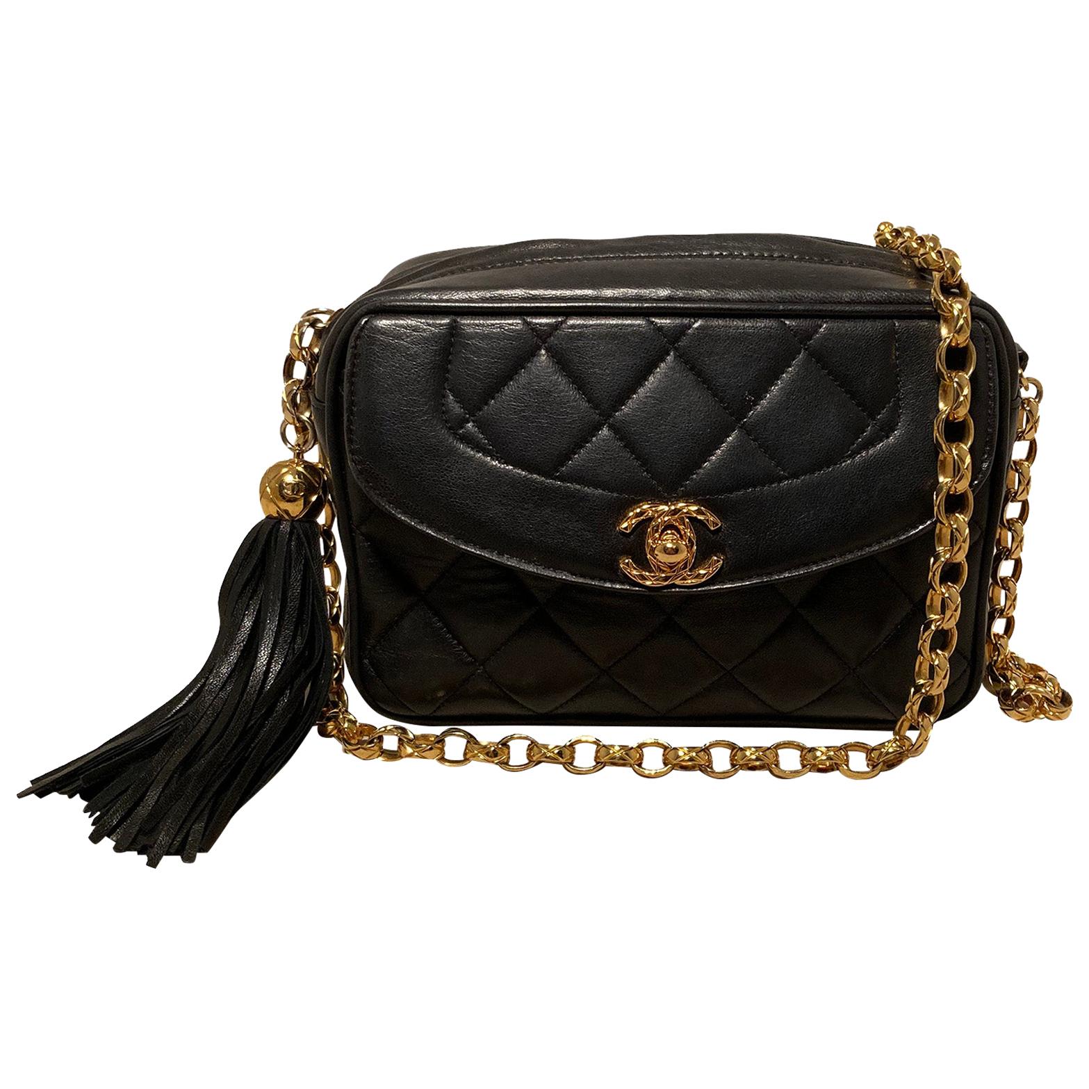 Chanel Vintage Black Leather Tassel Camera Bag 