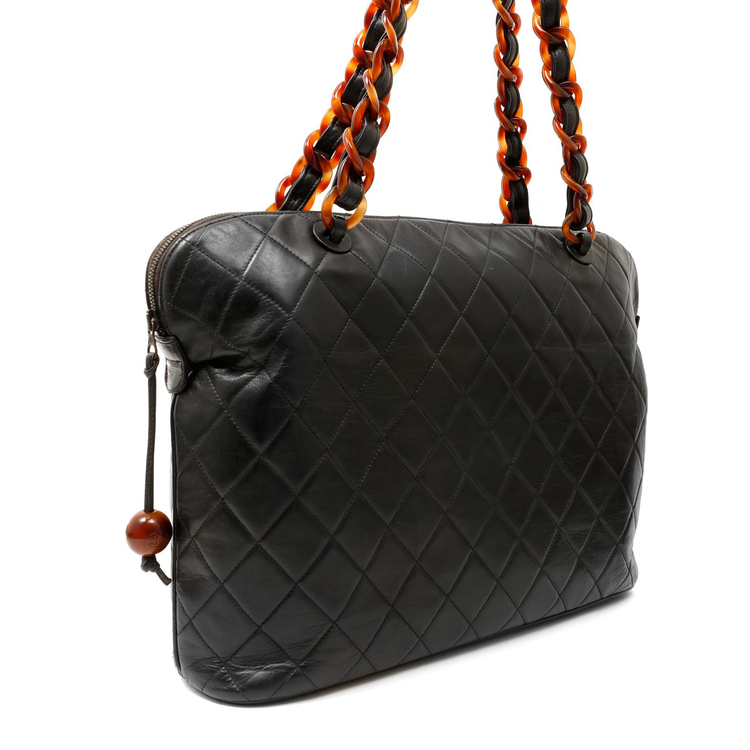 Chanel Vintage Black Leather Tortoise Chain Tote In Good Condition In Palm Beach, FL