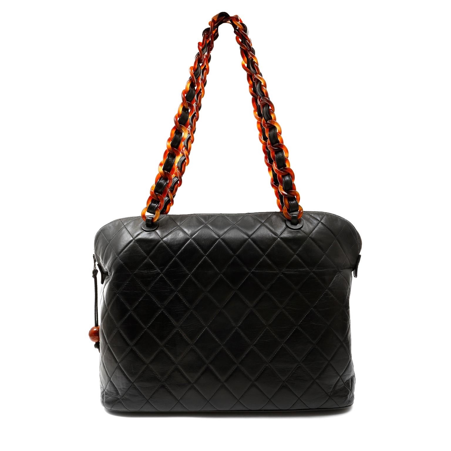 Chanel Vintage Black Leather Tortoise Chain Tote 2