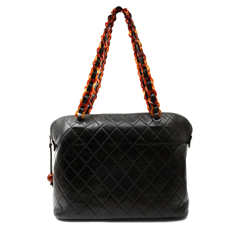 Chanel Vintage Black Leather Tortoise Chain Tote 3