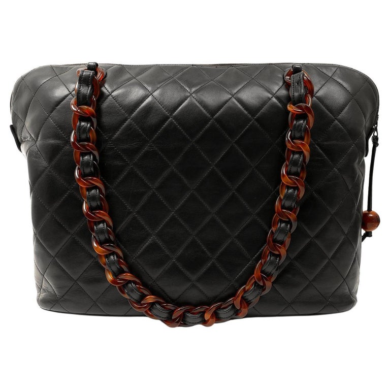 Chanel Vintage Black Leather Tortoise Chain Tote
