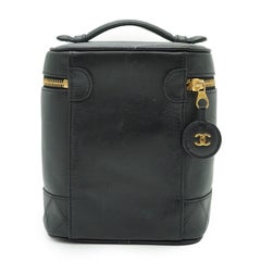 Chanel Vintage Black Leather Vanity Cosmetic Bag Handbag