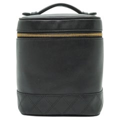 Chanel Vintage Black Leather Vanity Cosmetic Bag Handbag