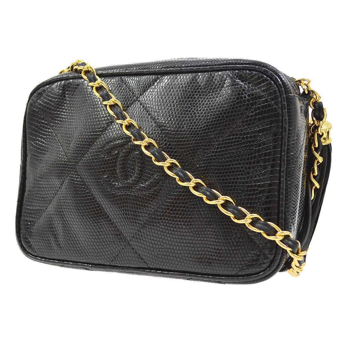 Chanel Vintage Black Lizard Exotic  Gold Evening Camera Shoulder Bag in Box In Good Condition In Chicago, IL