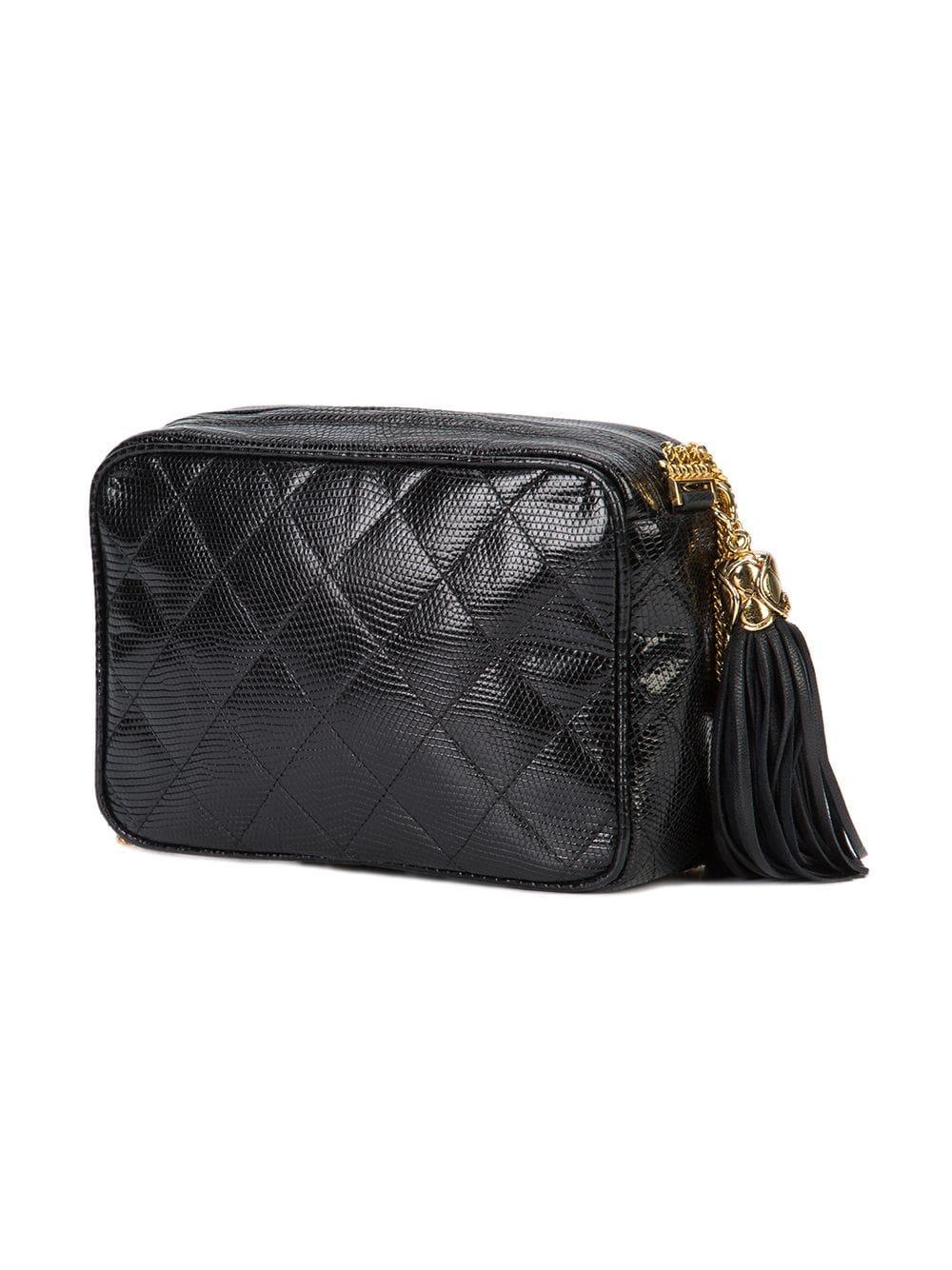 Women's Chanel Vintage Black Lizard Exotic Leather Gold Evening Camera Shoulder Bag
