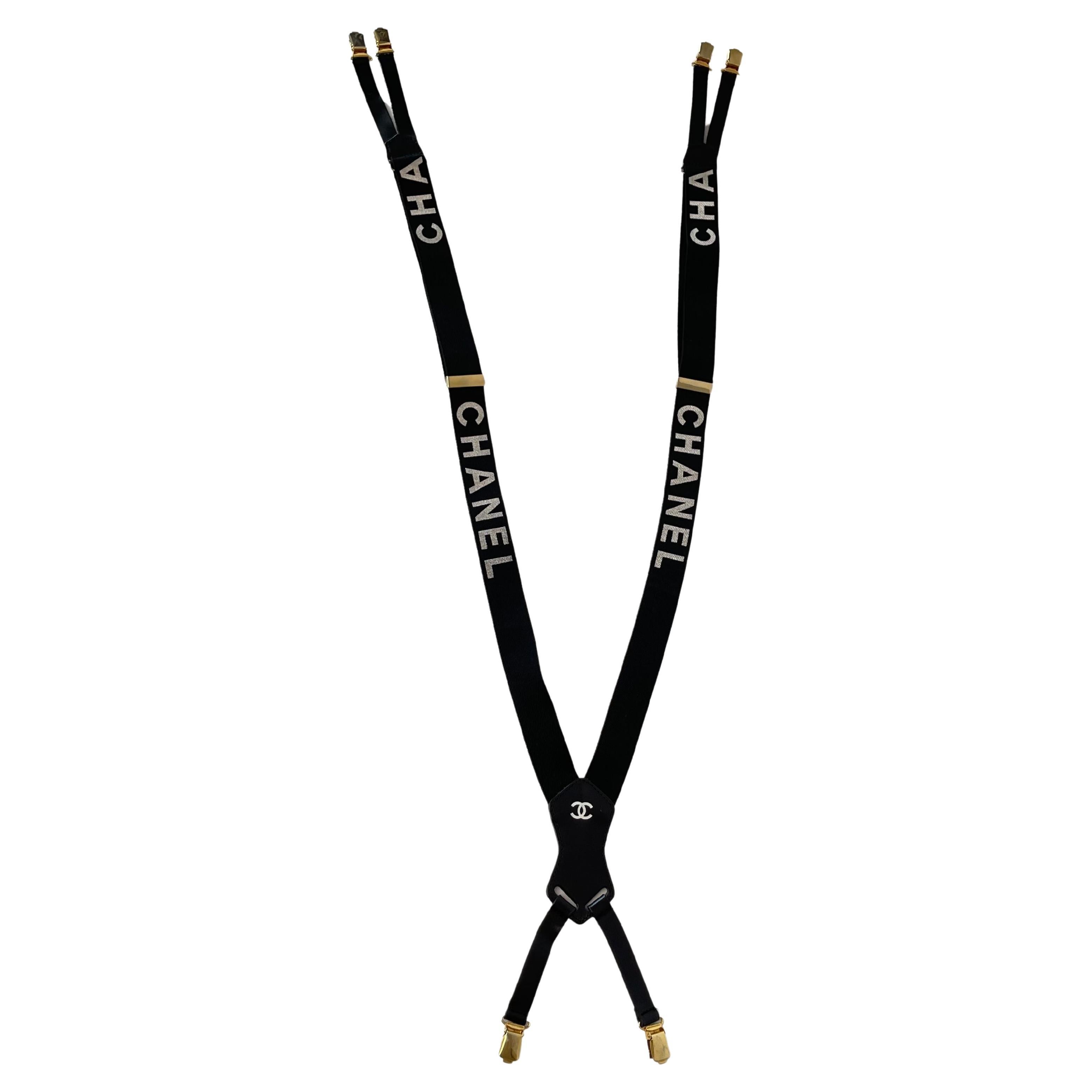 Chanel Vintage Black Logo Suspenders at 1stDibs