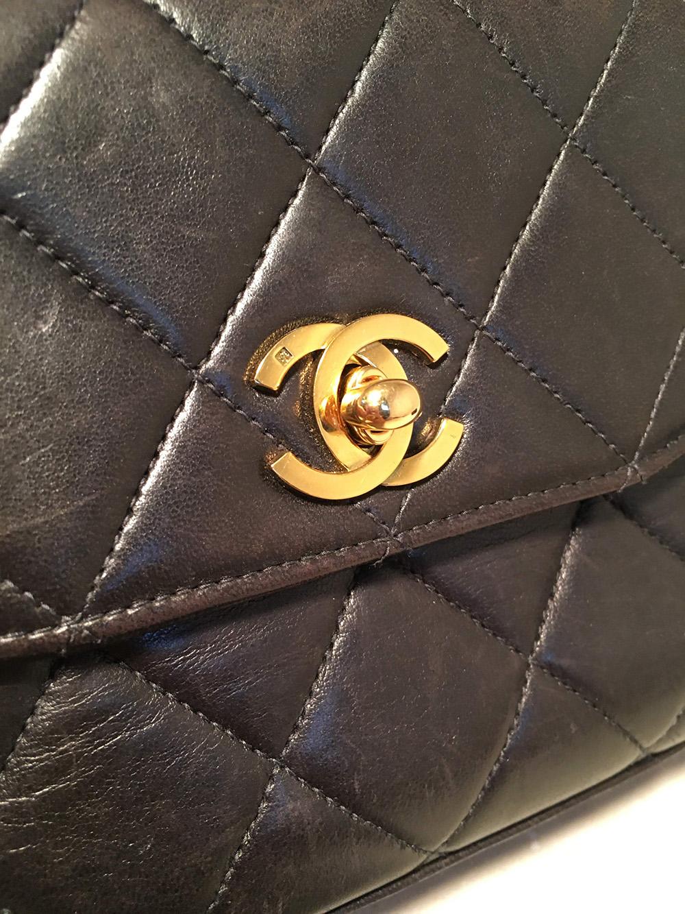 Chanel Vintage Black Mini Quilted Leather Classic Flap Handbag Baguette In Good Condition In Philadelphia, PA