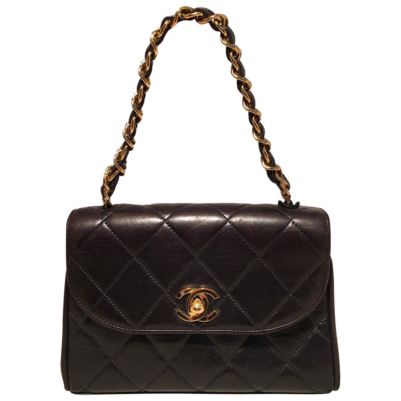 Chanel Vintage Black Mini Quilted Leather Classic Flap Handbag Baguette