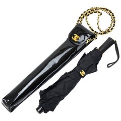 Chanel Vintage Black Nylon Umbrella With Patent Leather Case