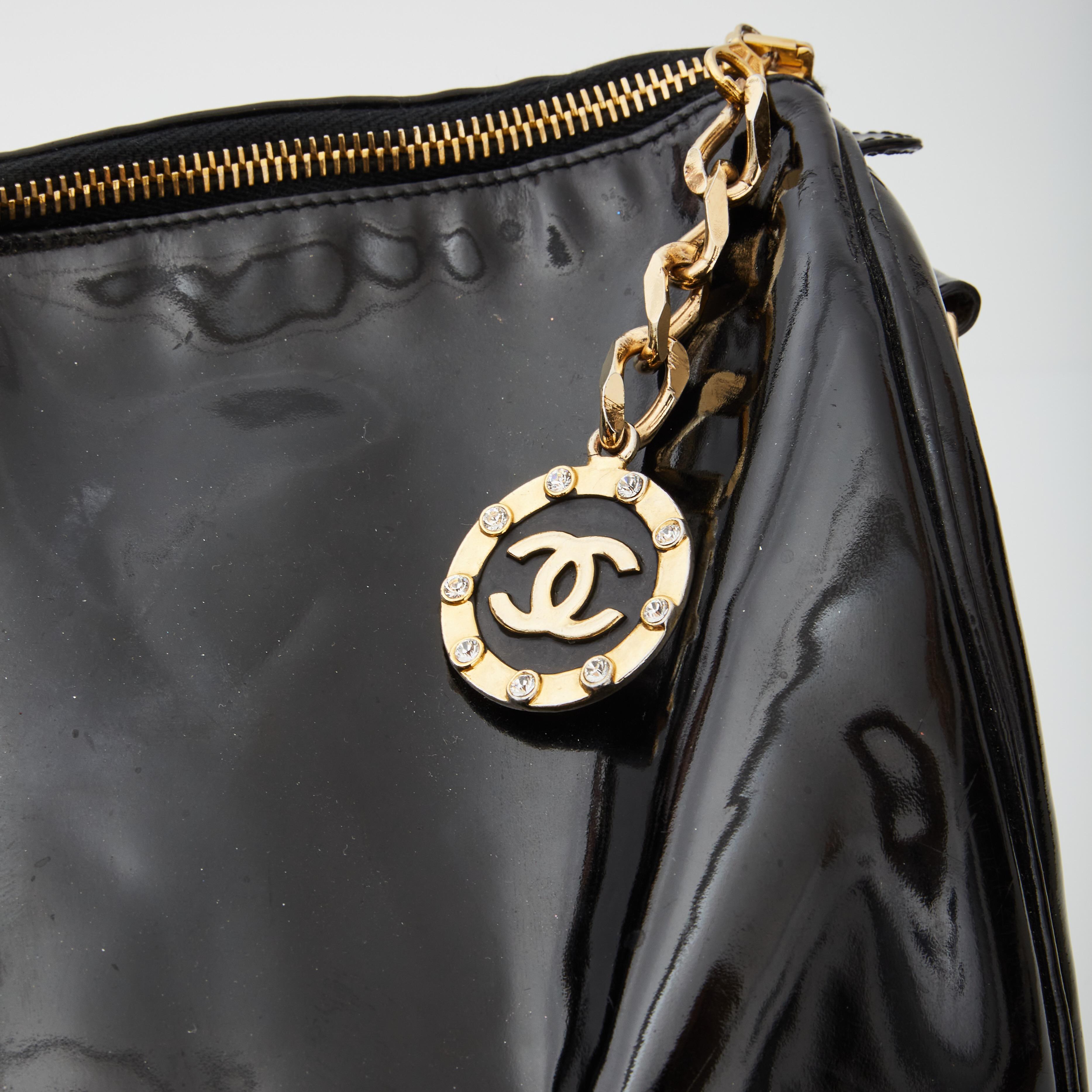 Chanel Vintage Black Patent CC Duffle Boston Bag 1996 For Sale 1