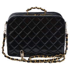 CHANEL Vintage Black Patent Large Size Vanity Handbag With Strap X Lock 