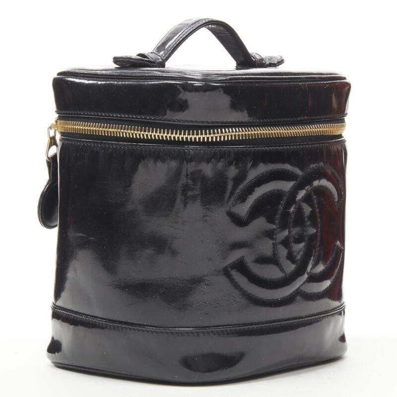 Black CHANEL Vintage black patent leather CC logo top handle Vanity bag