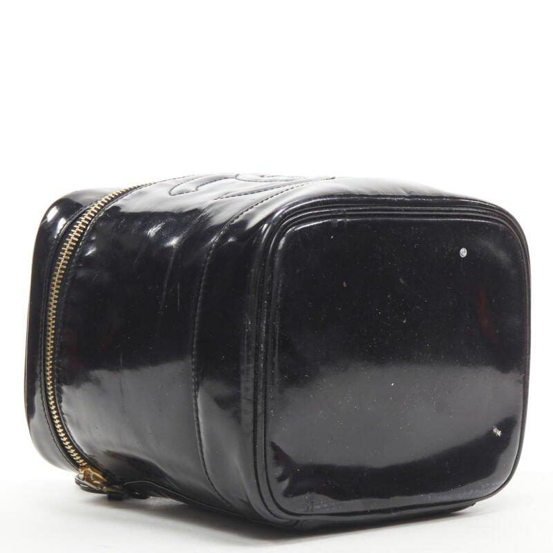 CHANEL Vintage black patent leather CC logo top handle Vanity bag 1