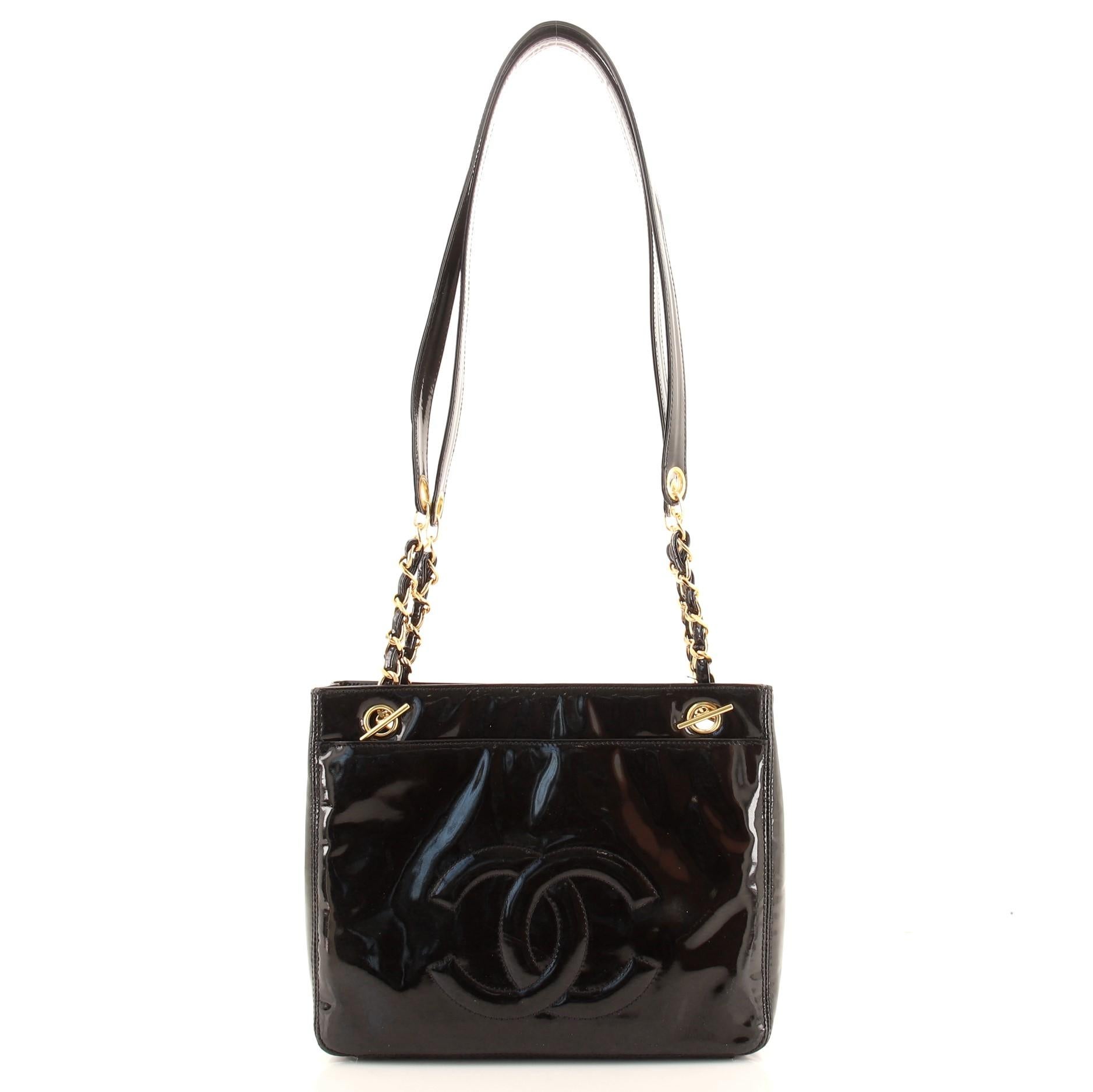 Chanel Vintage Schwarz Lackleder Vordertasche Kette Medium Tote Bag im Zustand „Gut“ in Irvine, CA