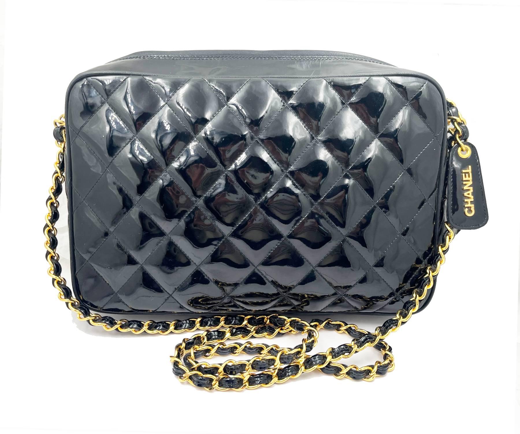 Artist Chanel Vintage Black Patent Leather Large Camera Cross Body Bag