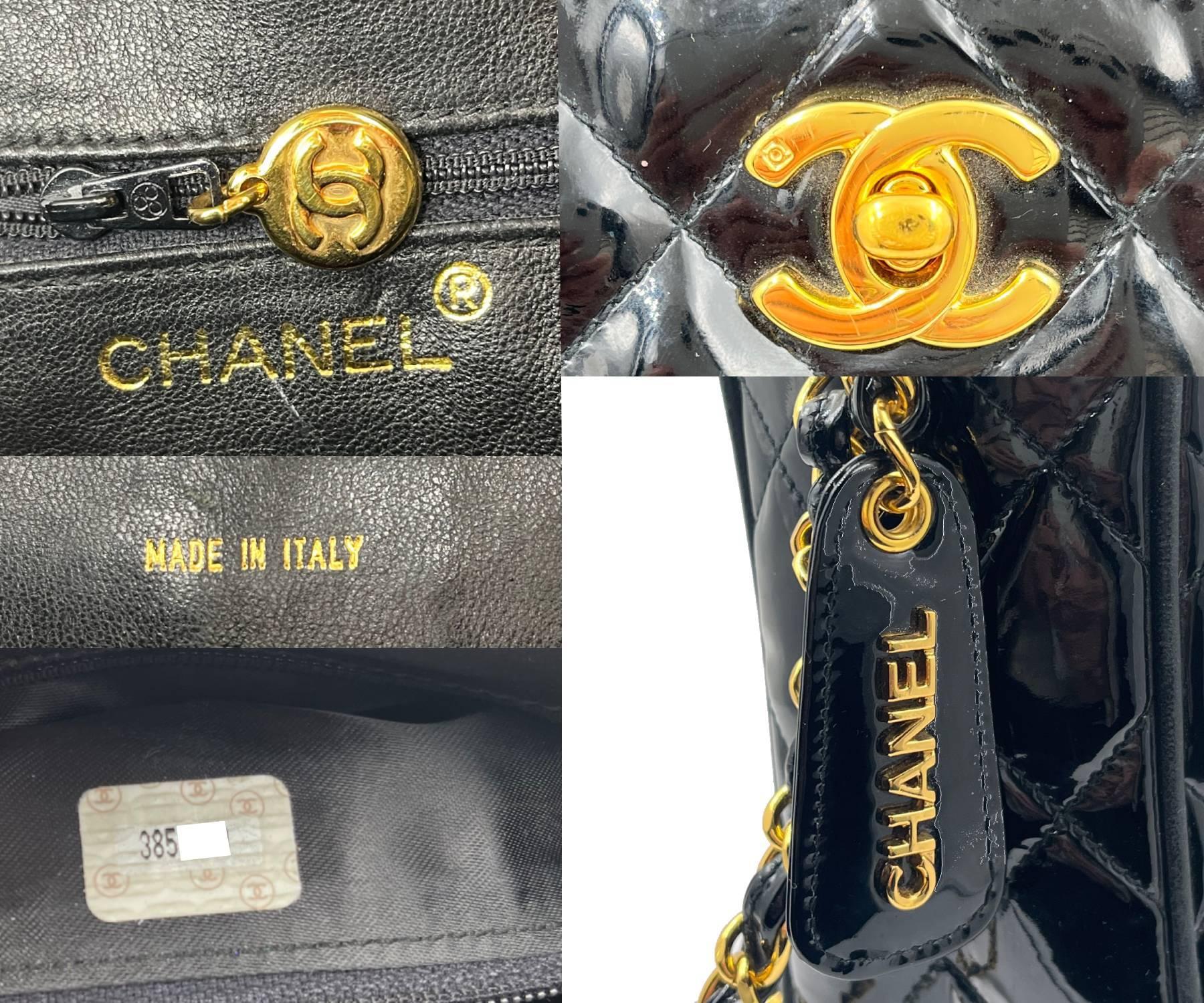 Women's or Men's Chanel Vintage Black Patent Leather Large Camera Cross Body Bag