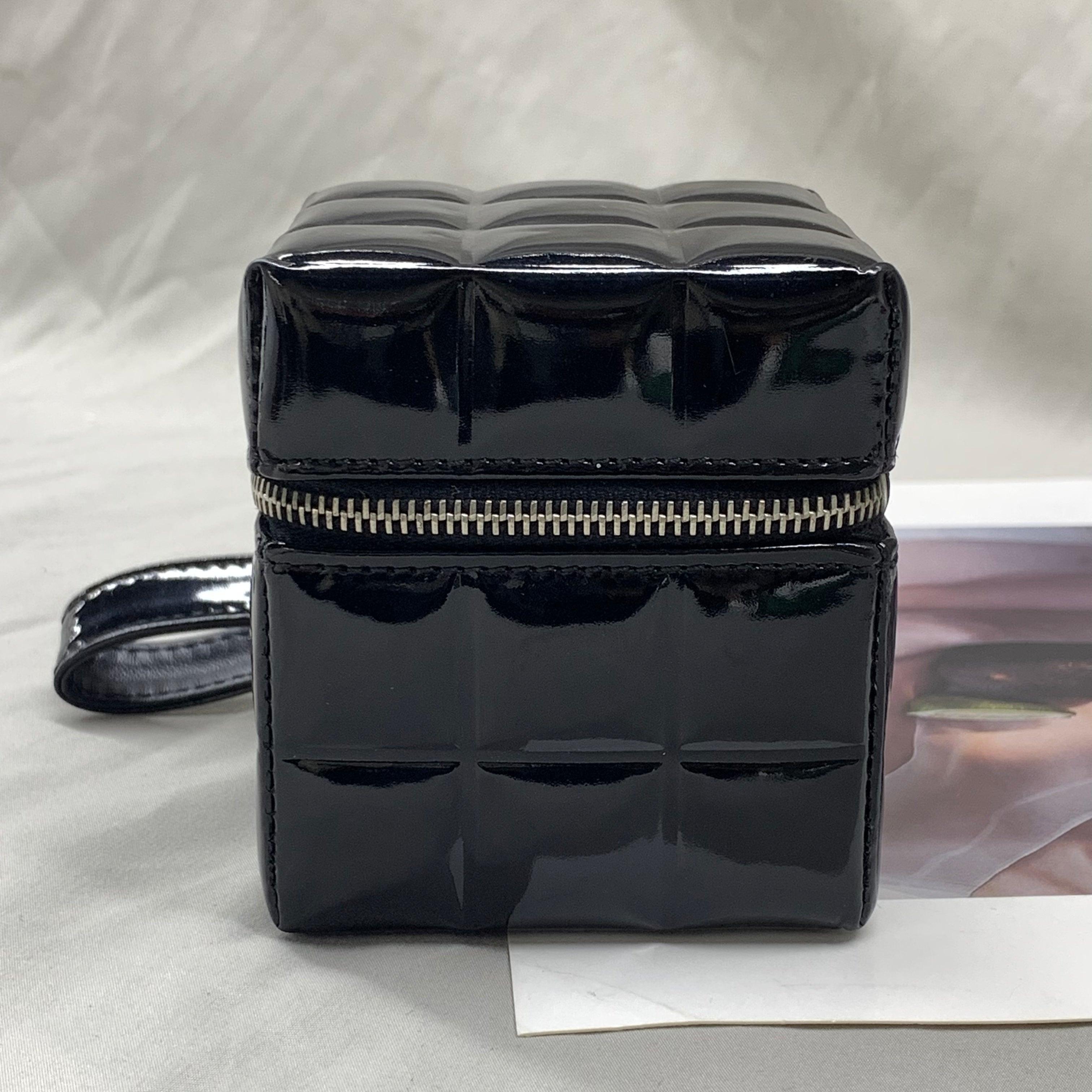 Women's Chanel Vintage Black Patent Leather Micro Quilt Cube Wristlet Bag, 2002-2003 For Sale