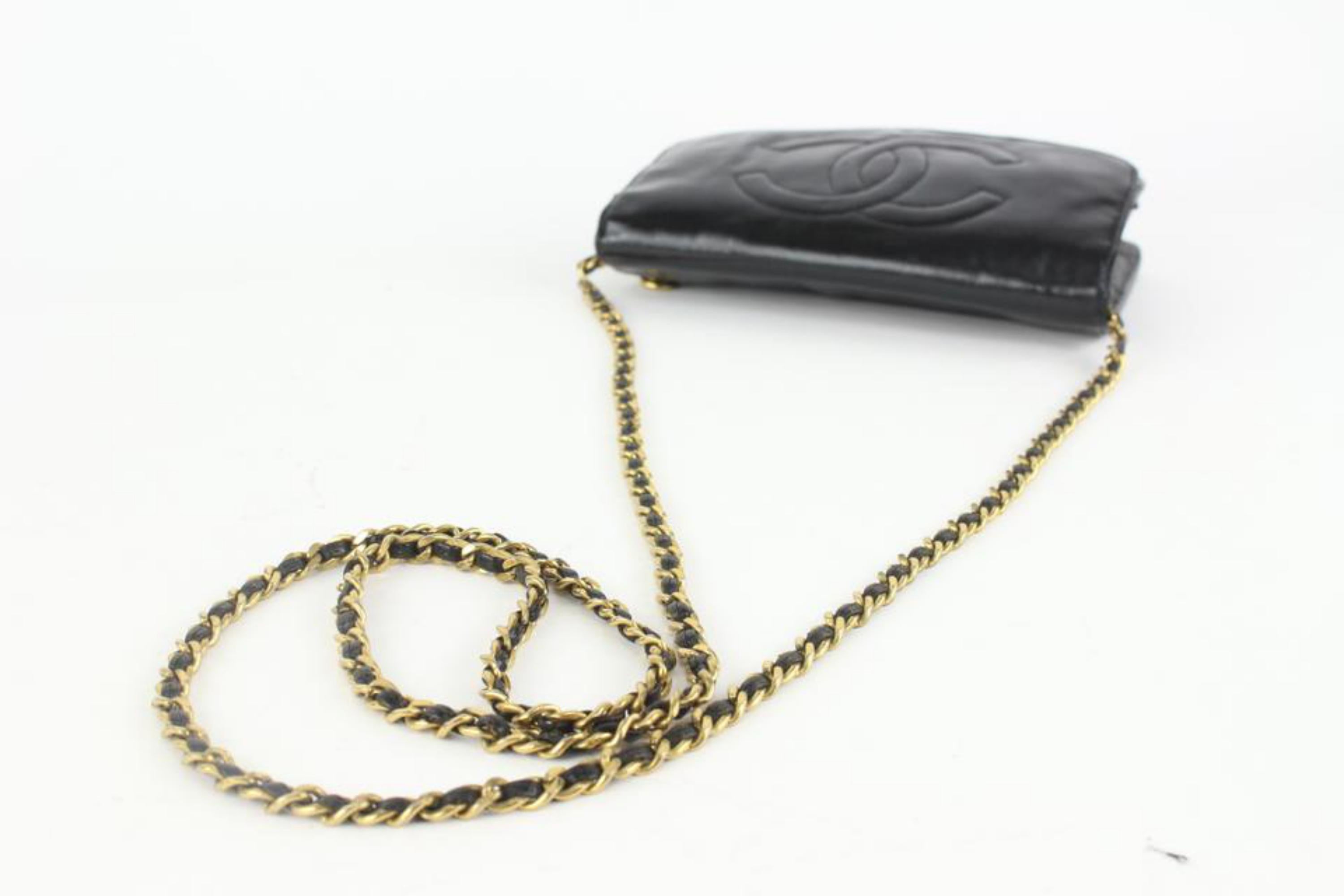 Chanel - Portefeuille intemporel en cuir verni noir vintage sur chaîne avec rabat WOC 1112c59 en vente 5