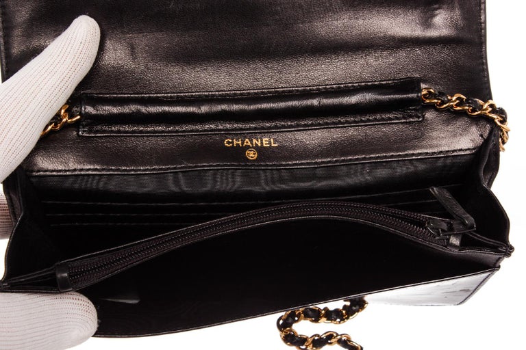CHANEL Black Quilted Patent Leather Flap Shoulder Wallet On Chain