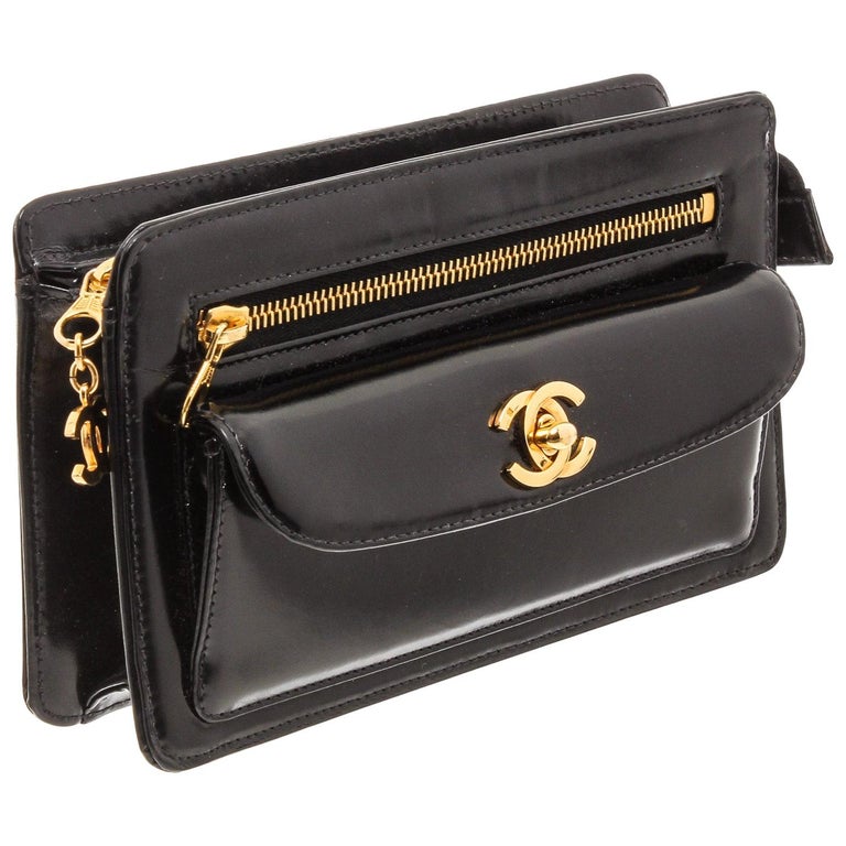 Chanel Vintage Black Patent Leather Wristlet Clutch Bag at 1stDibs