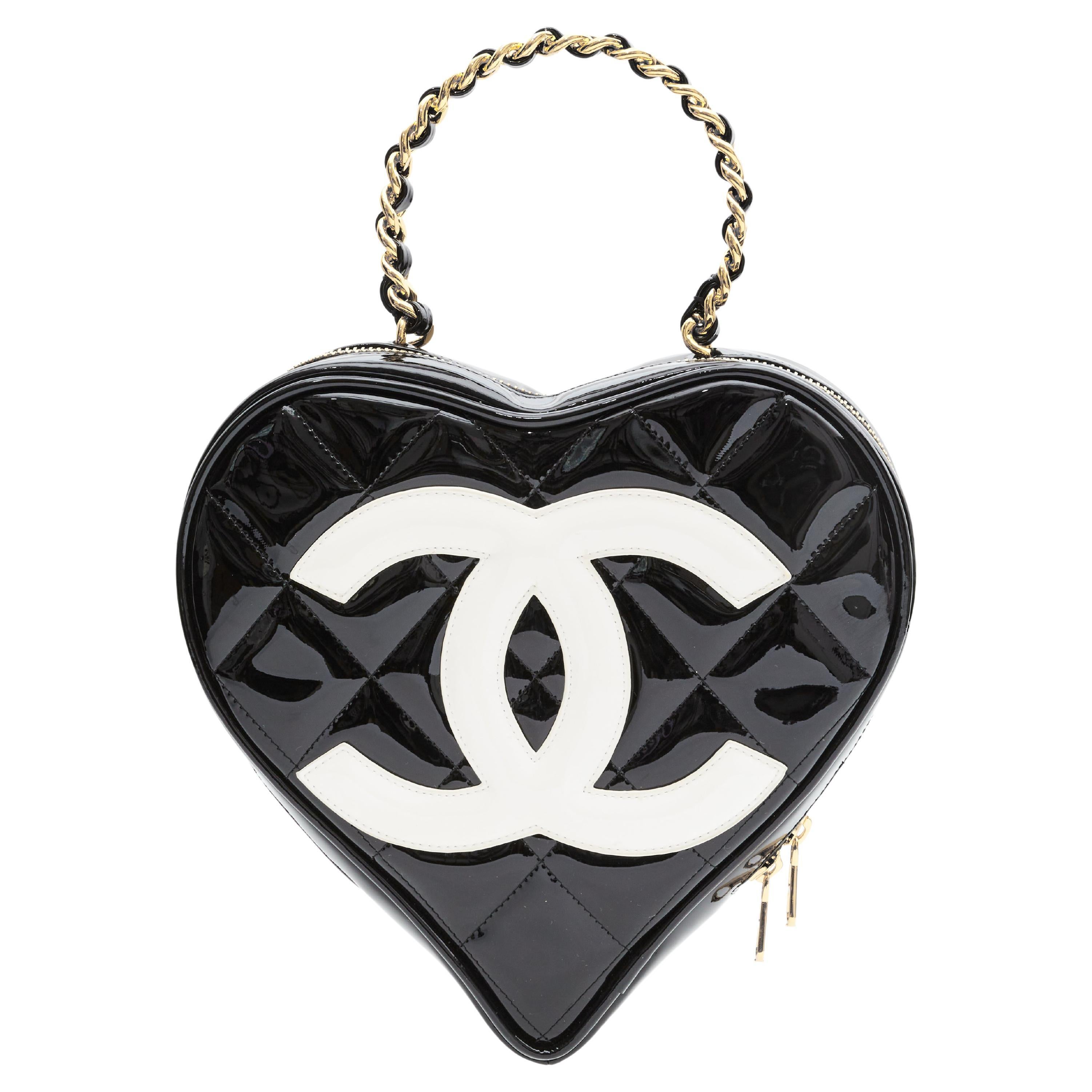 CHANEL * 1995 Black Patent Leather Heart Top Handle Bag 43543