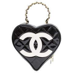 CHANEL CC Black White Patent Leather Gold Heart Vanity Top Handle