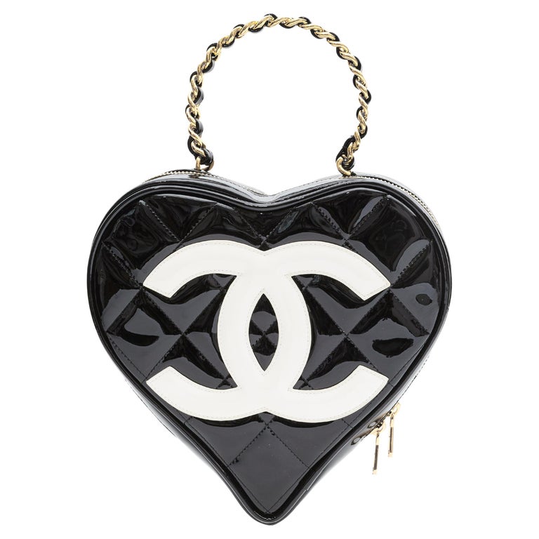 Chanel Vintage Black Patent Quilted Leather Heart Vanity Handbag
