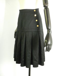 Chanel Vintage Black Pleated Skirt With Gold Tone CC Logo Buttons