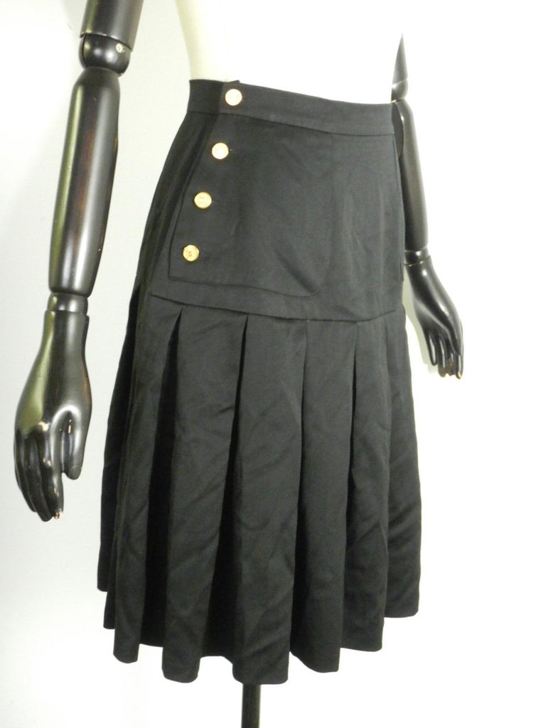 Chanel Vintage Black Pleated Skirt With Gold Tone CC Logo Buttons
